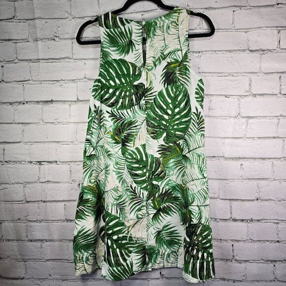 WOMENS TAHARI SHIFT DRESS LINEN WHITE WITH TROPICAL GREEN LEAF PRINT SIZE SMALL - Picture 2 of 6